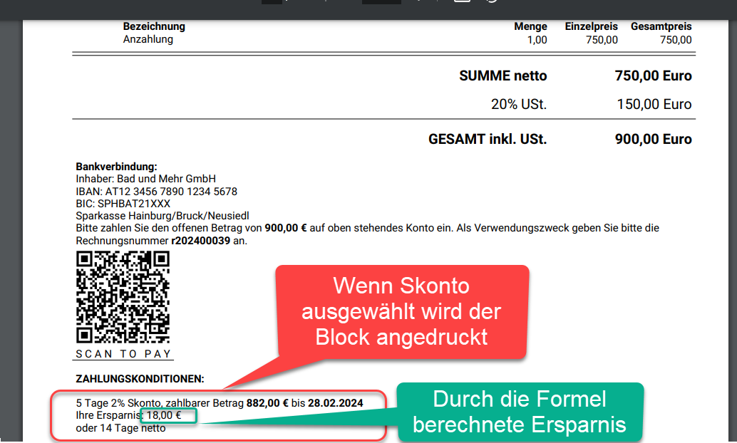 Ergebnis am PDF für die Berechnung der Skonto Ersparnis