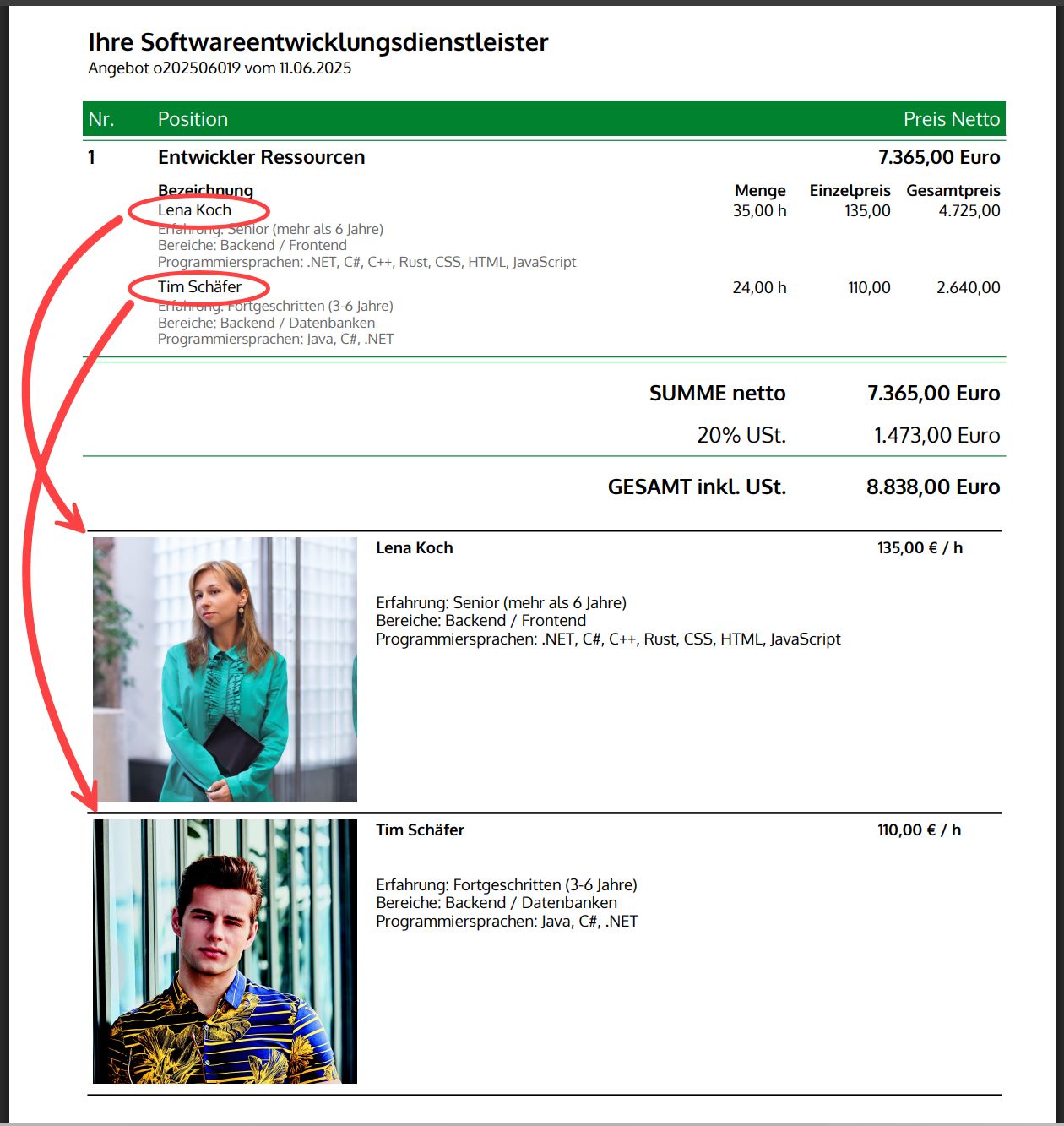 Erstelltes PDF mit Artikel Liste