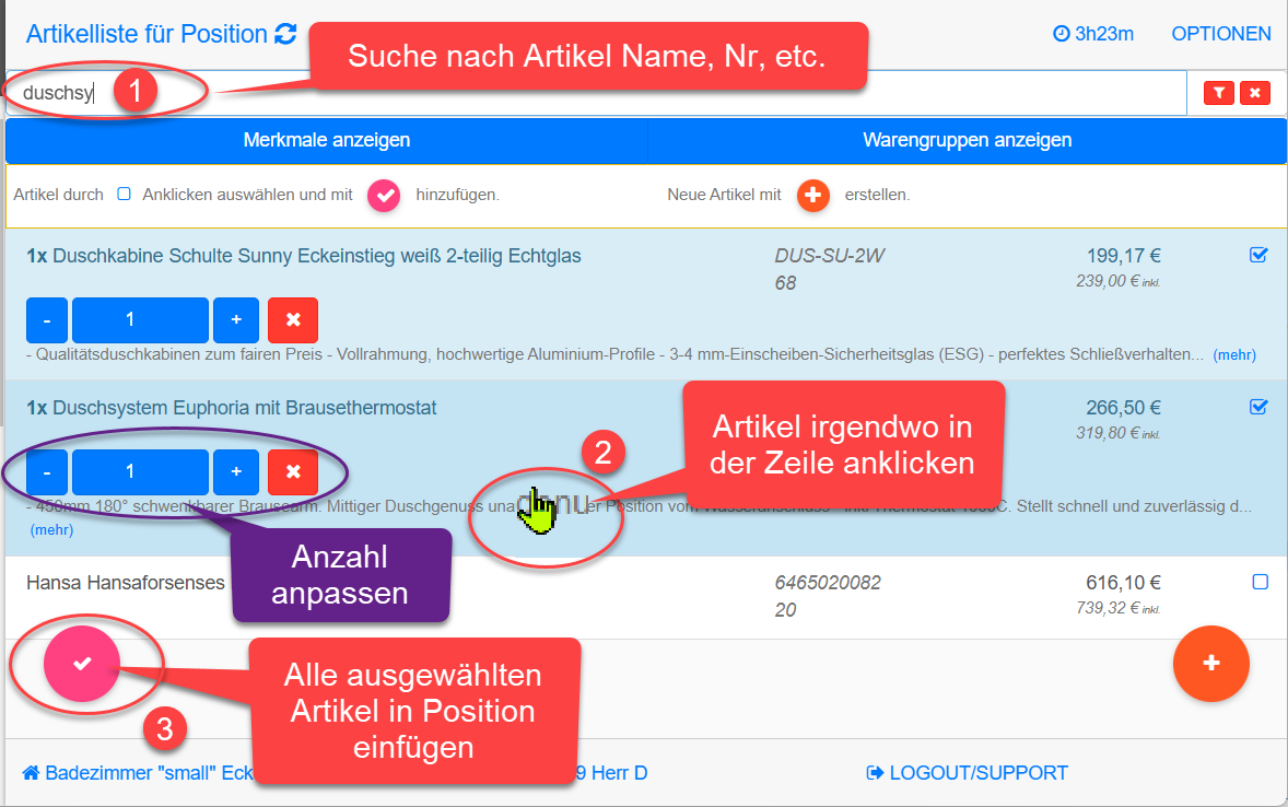 Artikel auswählen und mit Hakerl einfügen