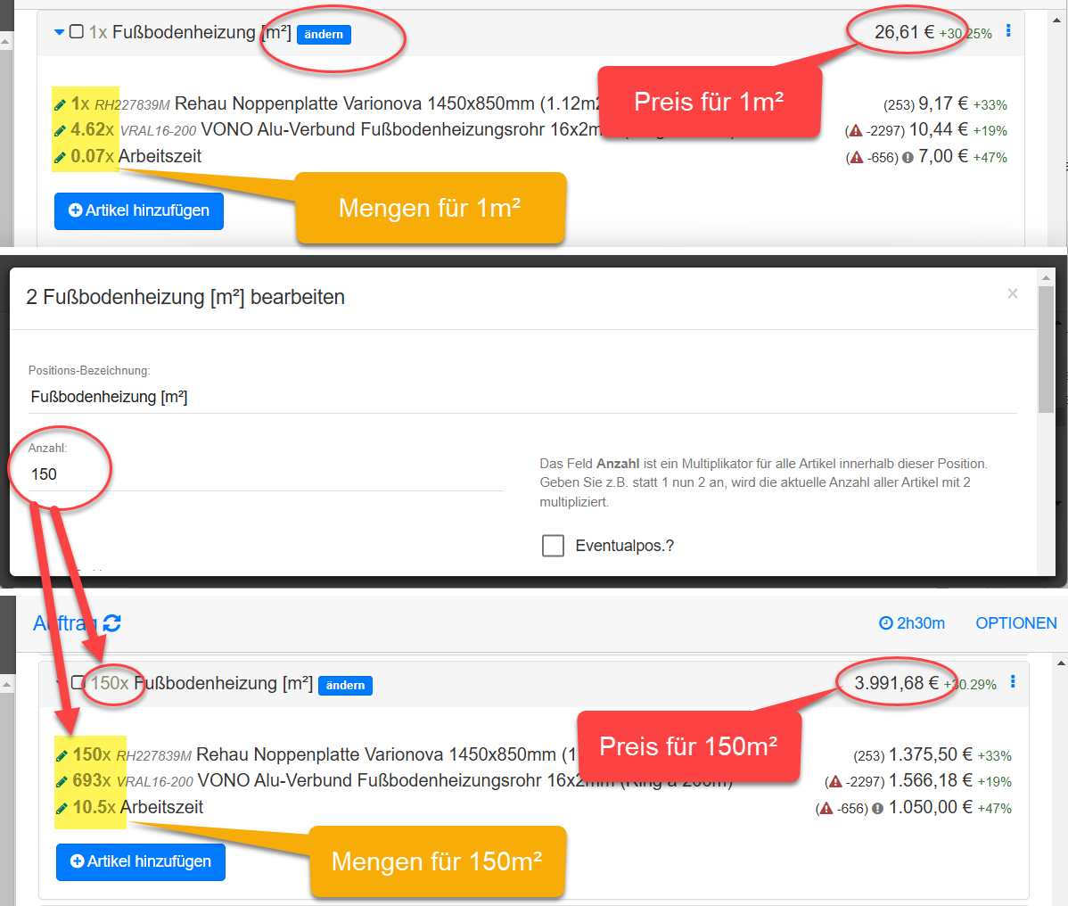 Position Anzahl als Multiplikator für die Artikelmengen