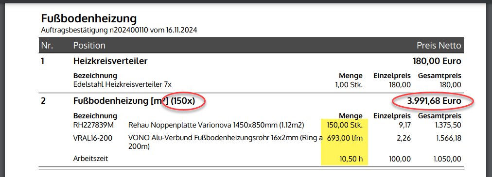 Position Anzahl Ergebnis im PDF