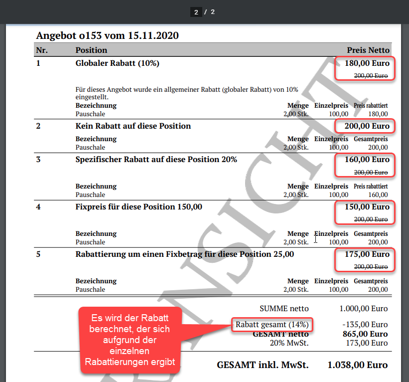 PDF Resultat mit rabattierten Positionen