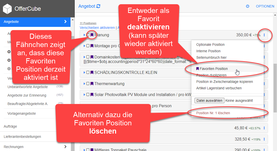 Favoriten-Position deaktivieren oder löschen