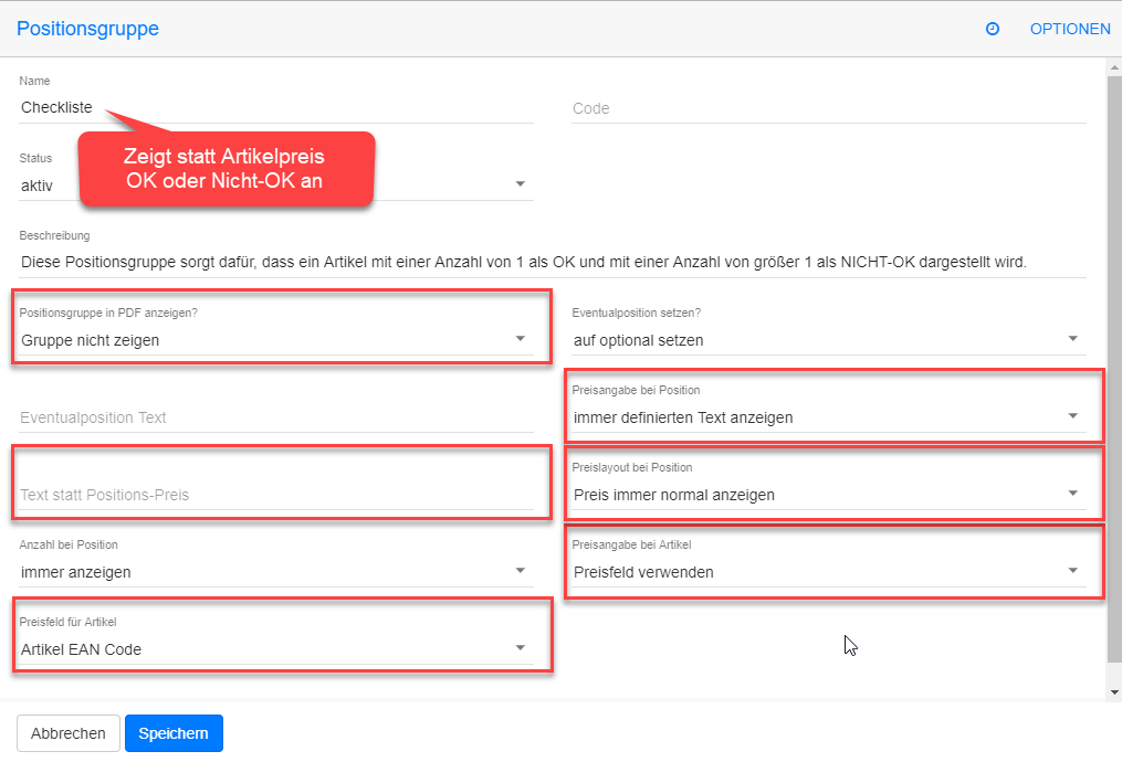Positionsgruppe für OK/Nicht-OK Checklist mit Artikel