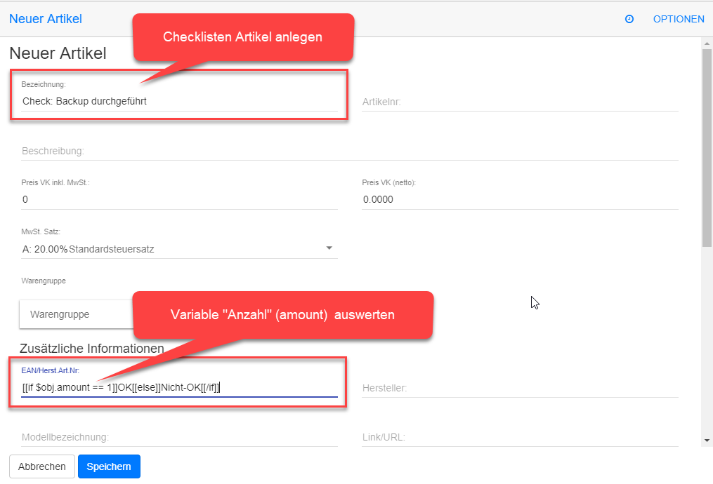 Artikel mit Variable für OK/Nicht-OK Checklist