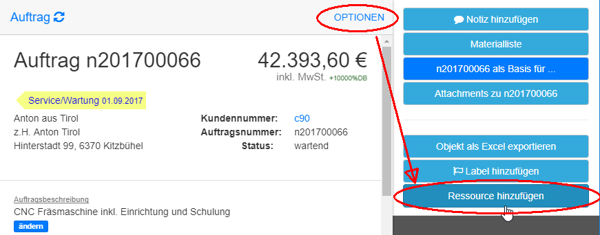 Ressource zu Auftrag hinzufügen