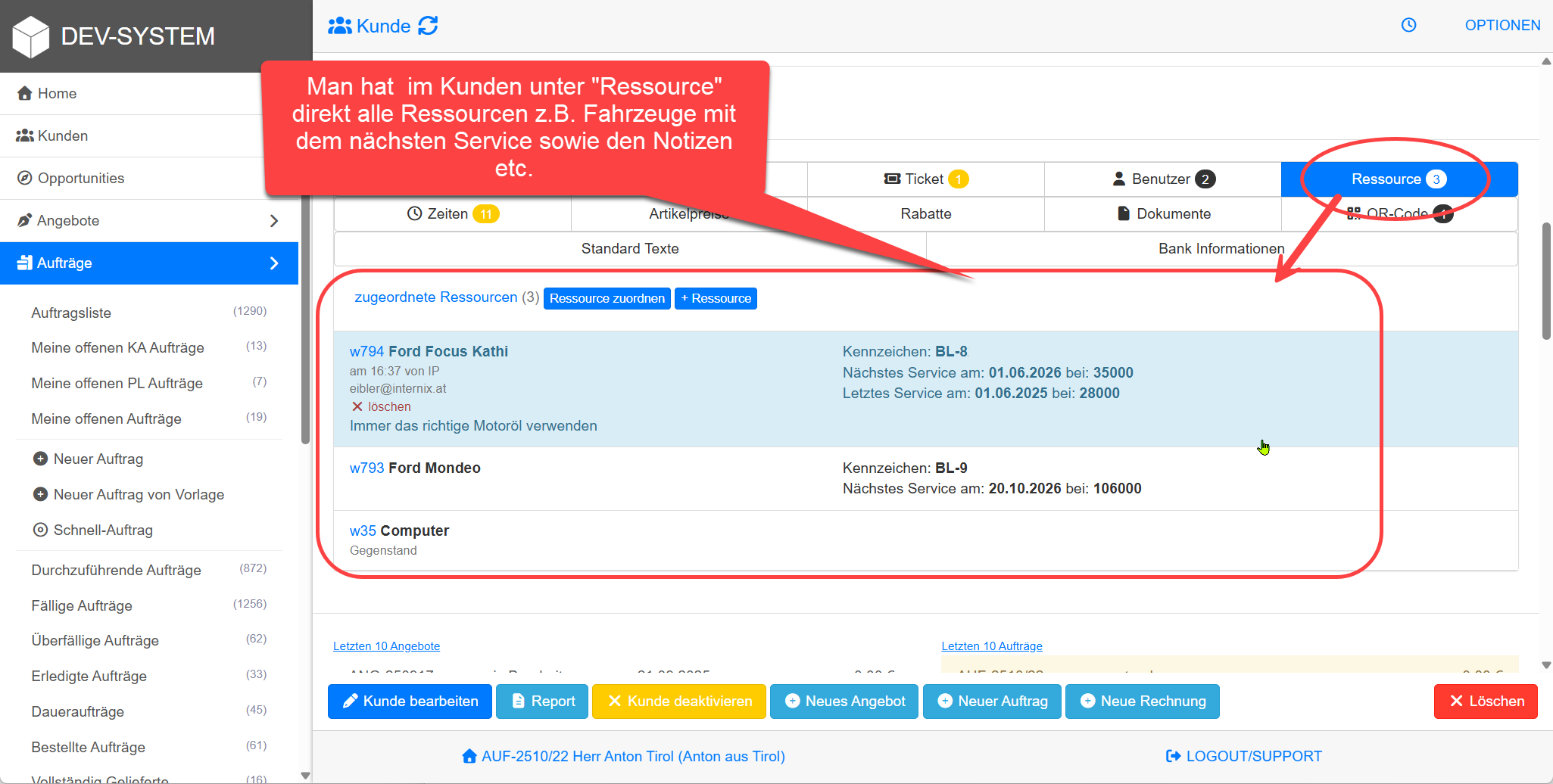 Fahrzeuge im Ressourcen Reiter des Kunden