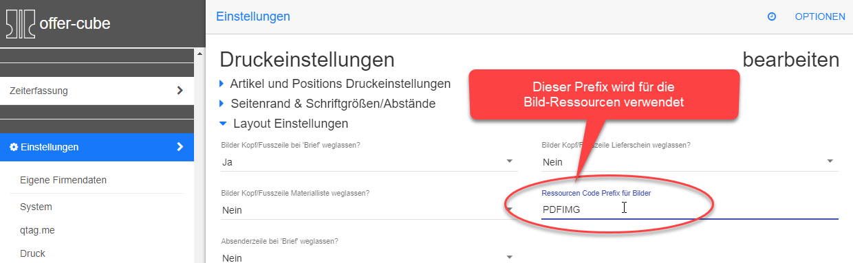 Ressourcen Code-Prefix in Druck-Einstellungen definieren