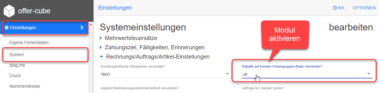 Einstellungen - System - Artikel - useArticlediscountsModule=1