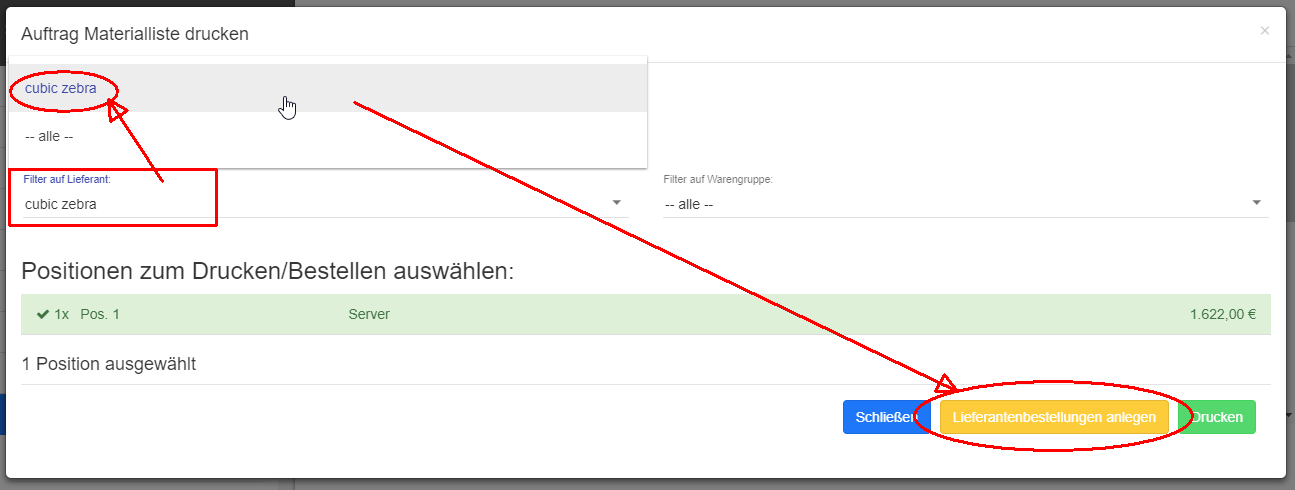 Materialliste/Lieferantenbestellung erstellen