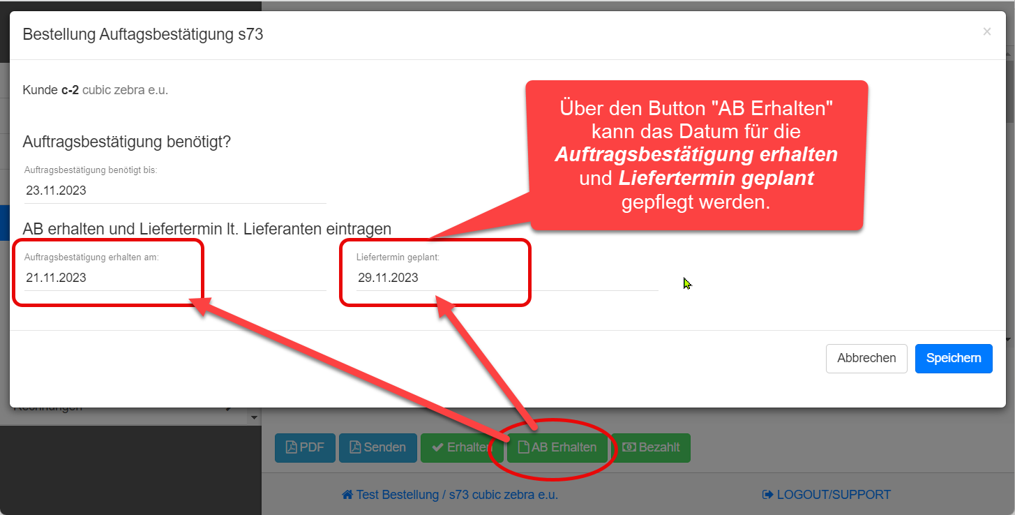 Auftragsbestätigung und Liefertermin Datum pflegen