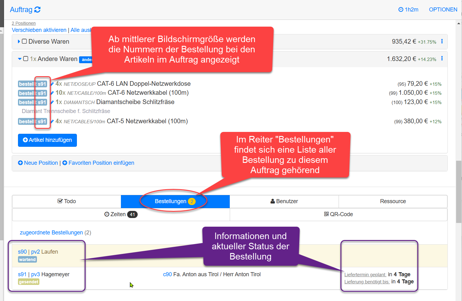 Lieferantenbestellungen Übersicht im Auftrag