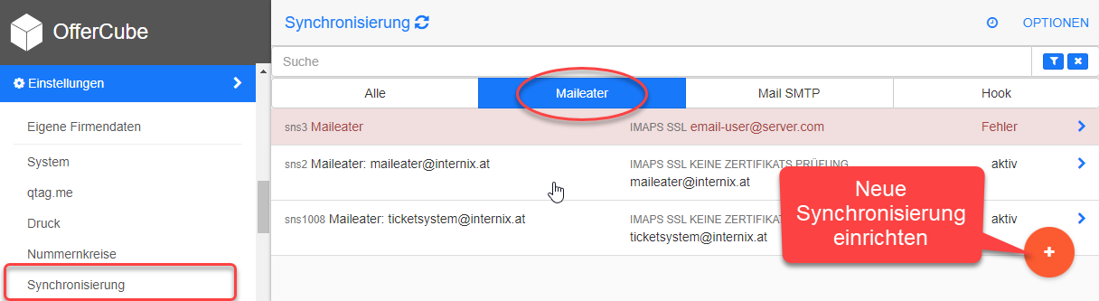 Liste der Synchronisierungen / syncsetting