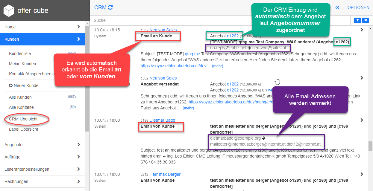 Mails als CRM Einträge/Notizen Übersicht