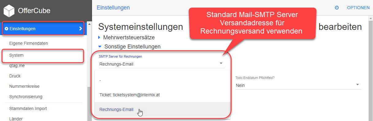 Einstellungen - System - SMTP Server für Rechnungen