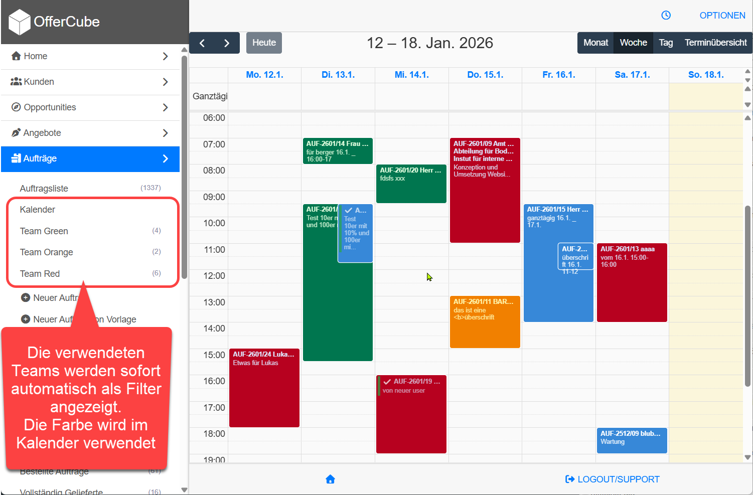 Kalender mit Team Zuordnung im Auftrag