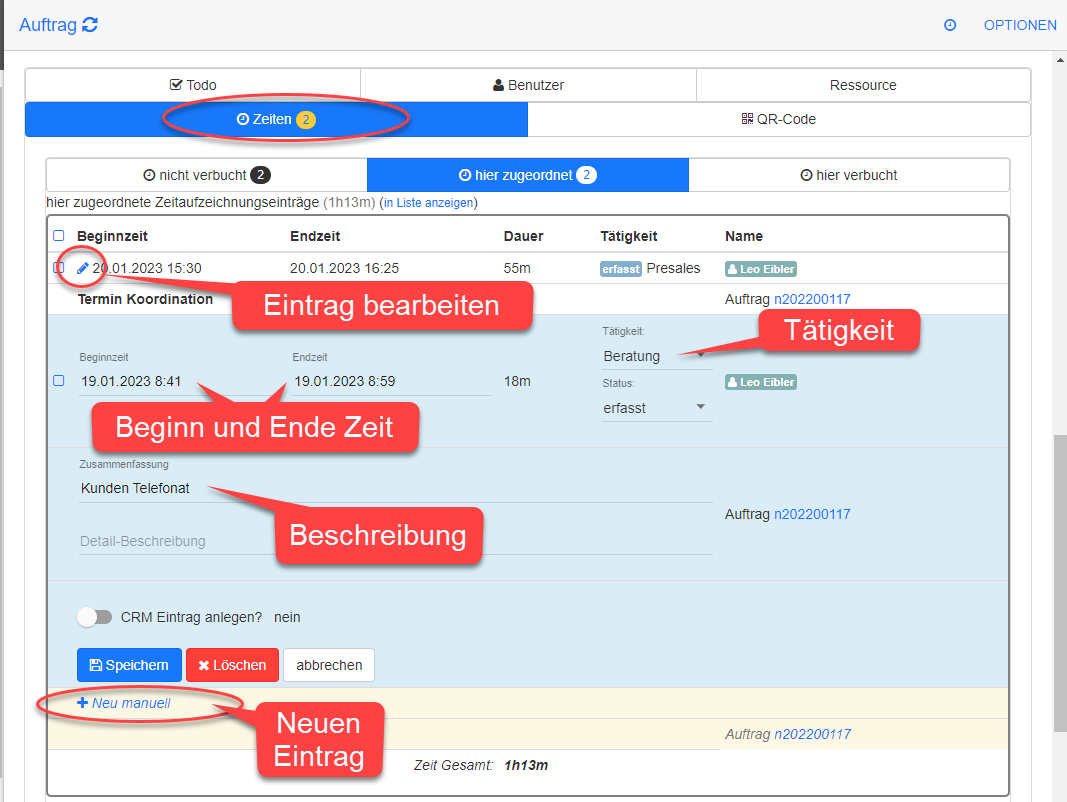 Zeiten Reiter in Objekt z.B. Auftrag