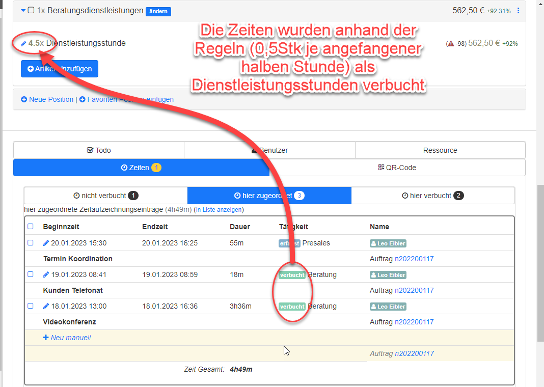 Zeiten im Objekt verbucht