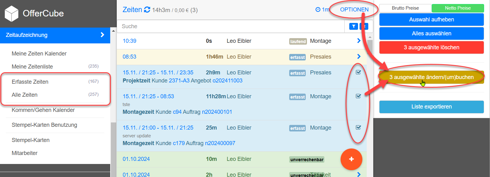 Zeitaufzeichnungs-Liste ausgewählte Elemente - Optionen - ändern