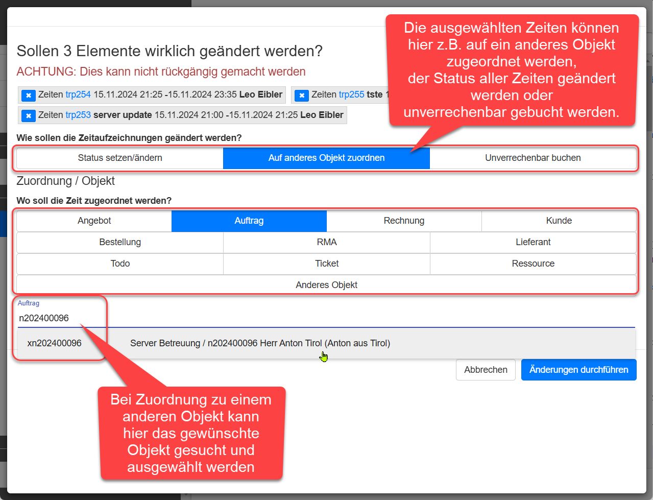 Zeitaufzeichnungs-Liste Massenänderung Dialog Zuordnung ändern