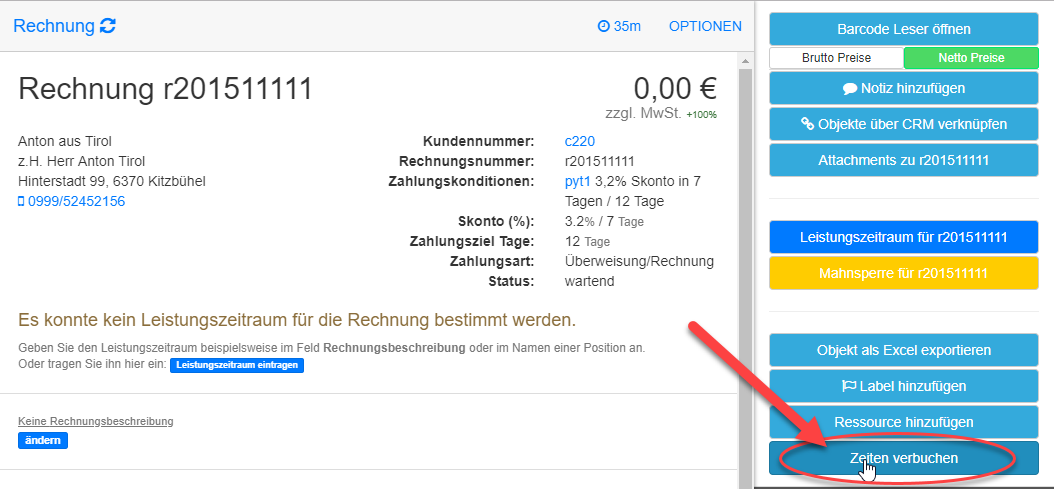 Rechnung Zeitaufzeichnung verbuchen