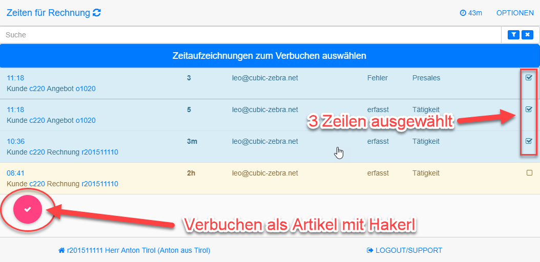 zu verbuchende Zeiten auswählen