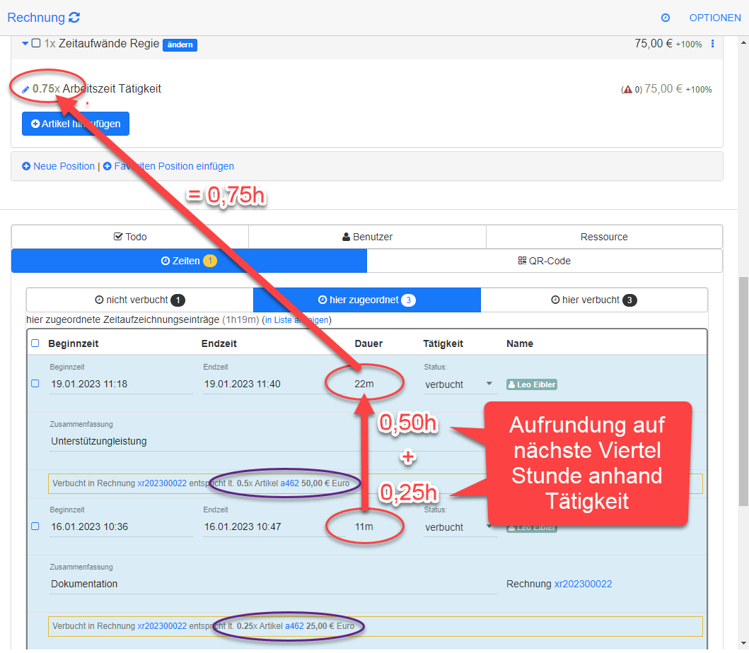 Zeiten in Rechnung verbucht