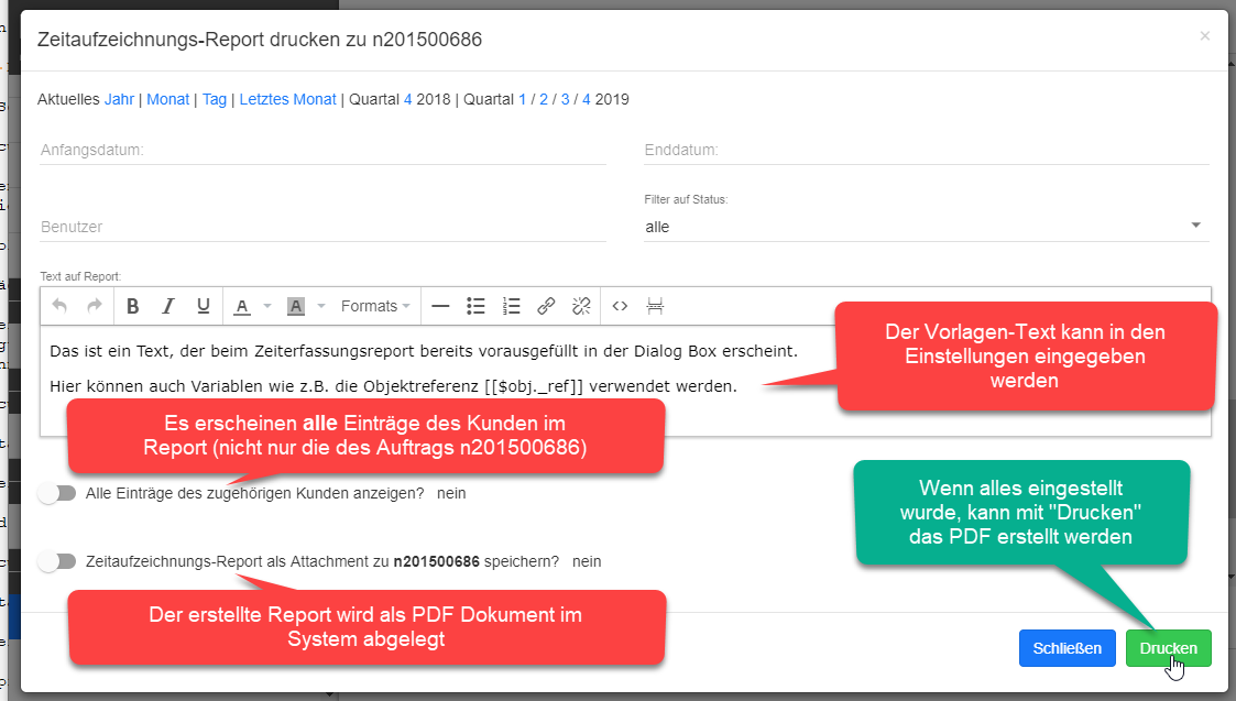 Zeitaufzeichnung PDF Report Dialogbox