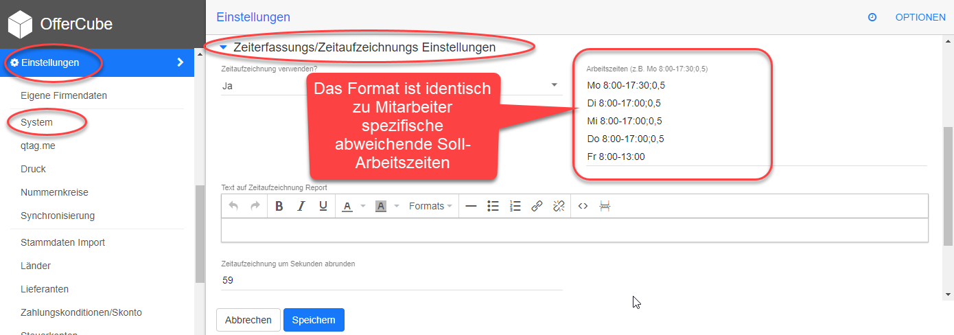 System Einstellungen - Zeiterfassung - Sollarbeitzeiten