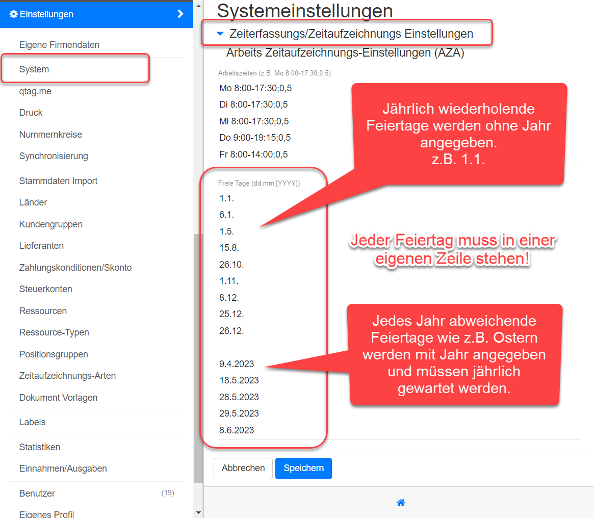 System Einstellungen - Zeiterfassung - Freie Tage