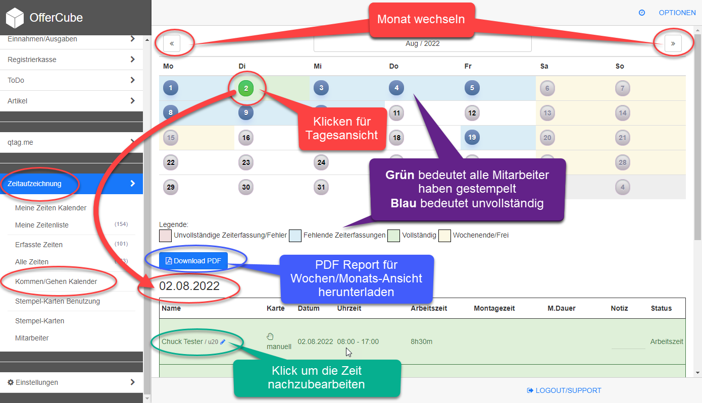 Zeitaufzeichnung - Kommen/Gehen Kalender