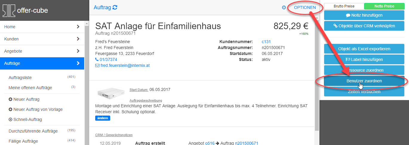 Benutzer Zuordnung Option aufrufen