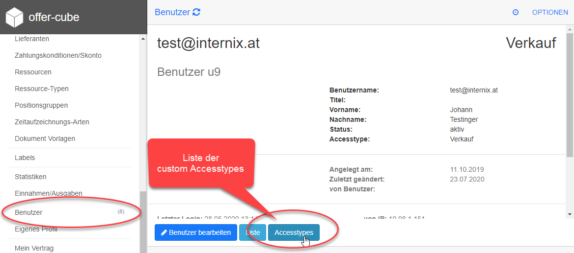 Benutzer Details Accesstypes Button