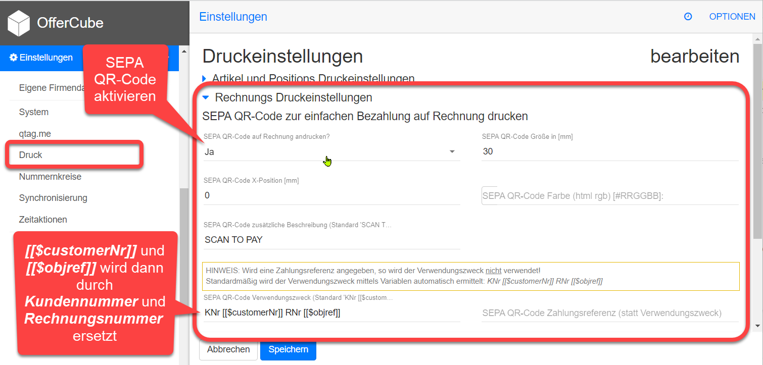 Einstellungen - Druck - Rechnungs Druckeinstellungen - SEPA QR-Code Einstellungen - Druck - Rechnungs Druckeinstellungen - SEPA QR-Code