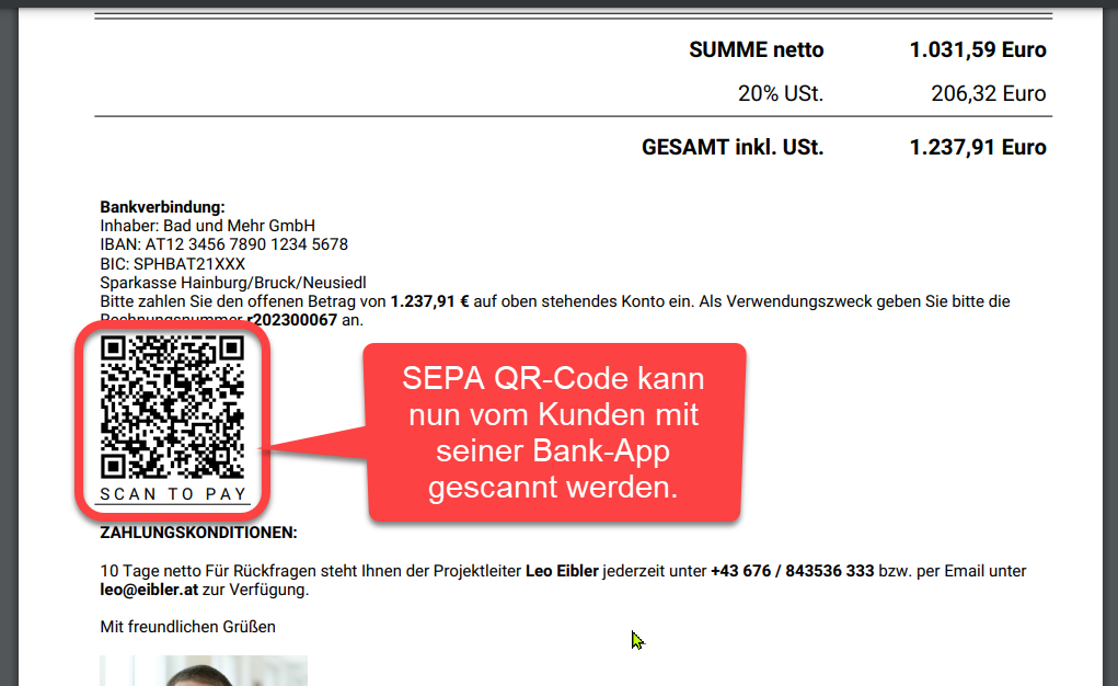 Rechnungs-PDF mit SEPA QR-Code