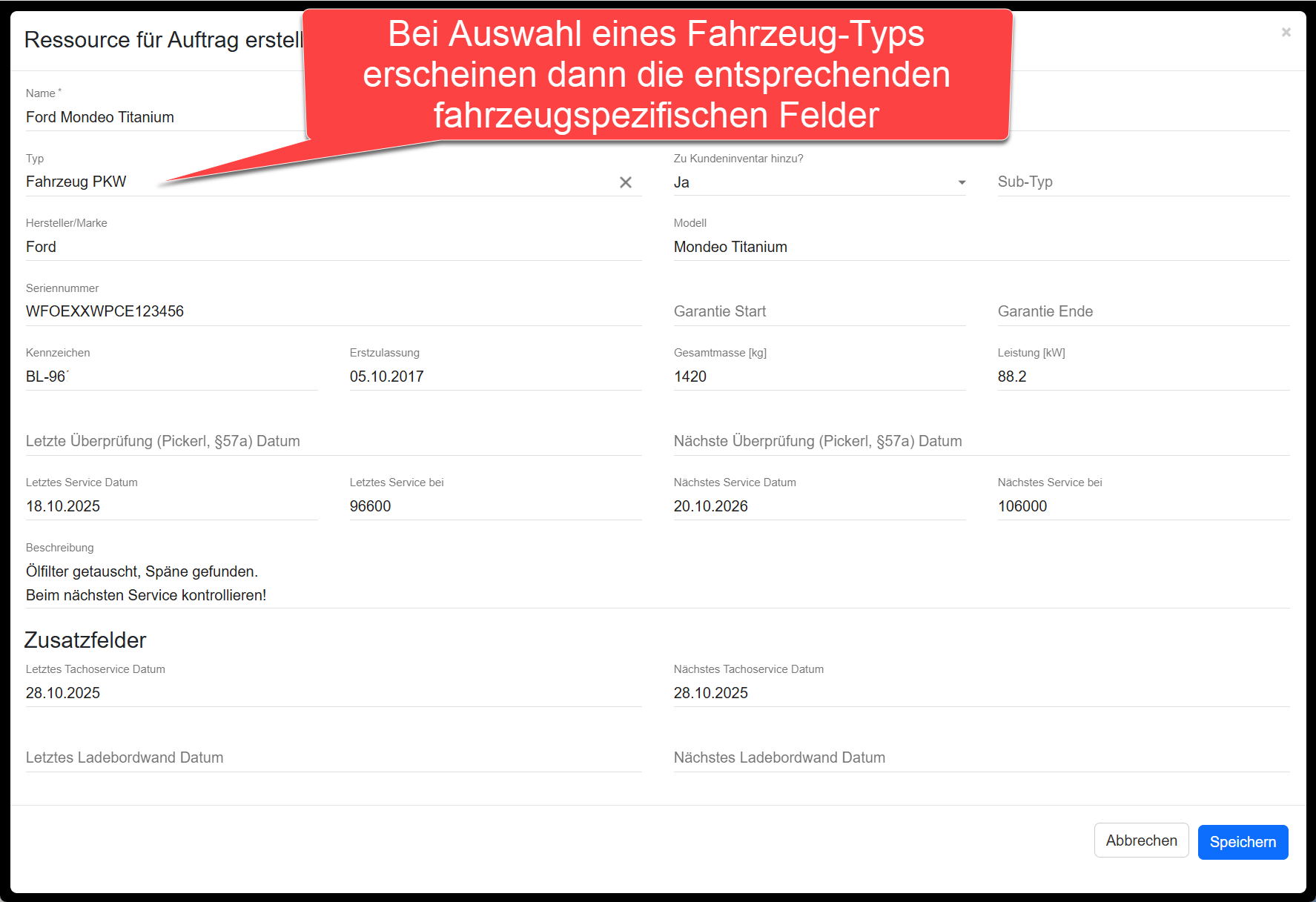 Fahrzeug direkt im Auftrag anlegen Fahrzeug direkt im Auftrag anlegen