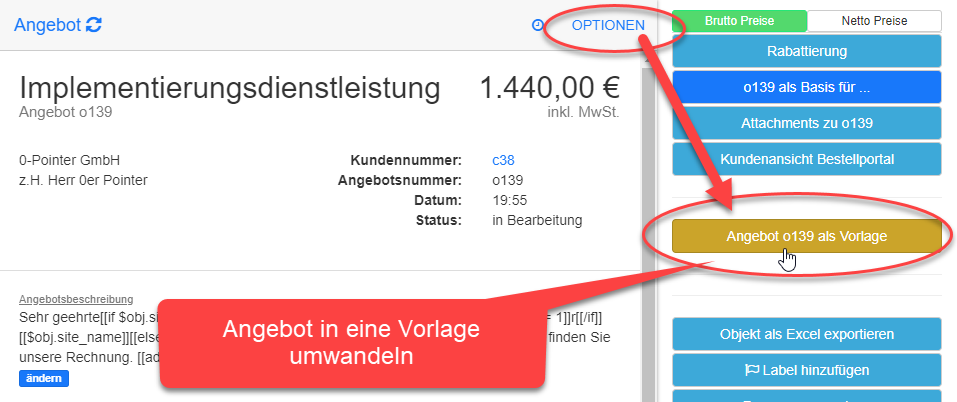 Angebot in Vorlage umwandeln Angebot in Vorlage umwandeln