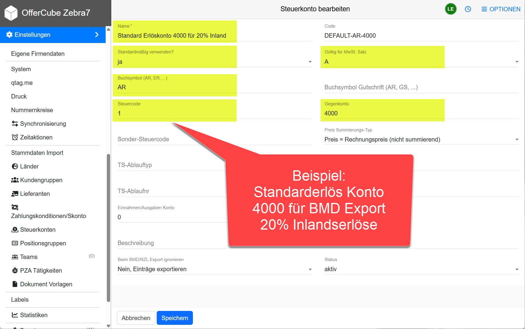 Beispiel: 20% Inland Standarderlöskonto für BMD Beispiel: 20% Inland Standarderlöskonto für BMD