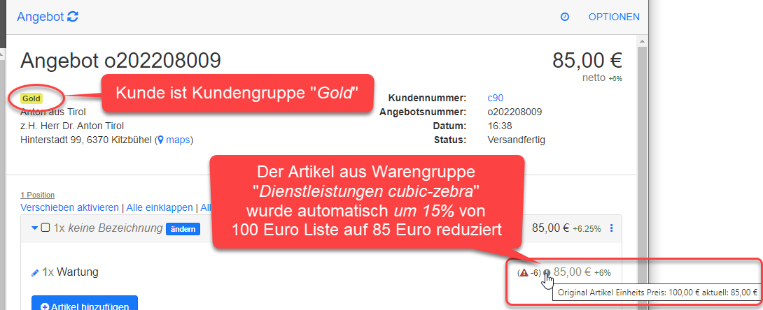 Beispiel Artikel wird in "Gold" Angebot eingefügt Beispiel Artikel wird in "Gold" Angebot eingefügt
