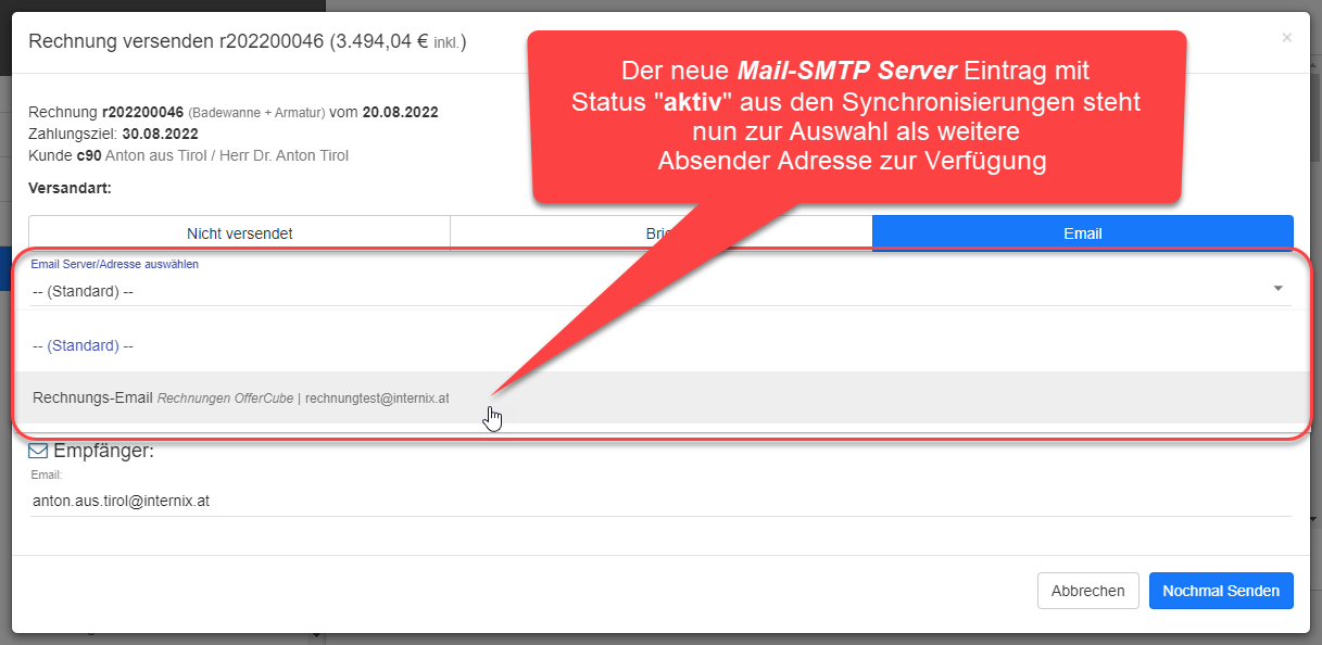 Synchronisierung Mail-SMTP Server als Auswahl bei Rechnungsversand
